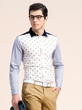 剪标品牌男装 秋季青年学生男士印花长袖衬衫 纯棉拼接修身型衬衣