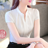 2016夏季新品白衬衫女短袖立领韩版修身V领雪纺衫弹力OL职业衬衫