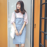 2016夏季新款韩版女装学院风纯色宽松牛仔连衣裙休闲口袋背带裙潮