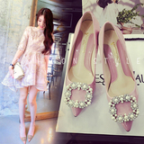 甜美粉色水钻珍珠方扣高跟鞋细跟浅口漆皮性感高跟单鞋尖头鞋女鞋