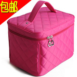 韩国可爱双层化妆包 大容量手提菱格水桶包手提包可折叠化妆包