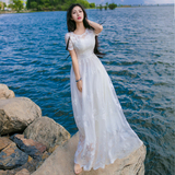夏季新品短袖白色蕾丝连衣裙刺绣长裙波西米亚沙滩裙海边度假裙子
