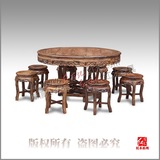 红连地正品实木餐桌 大叶黄花梨竹节圆桌 斑木1.38米凳桌圆餐桌
