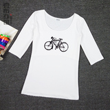 夏秋单车自行车简约字母中袖T恤女纯棉五分袖打底衫修身纯白上衣