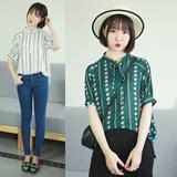 夏季新款韩国东大门方块几何菱格条纹蝴蝶结系带领短袖衬衫上衣女