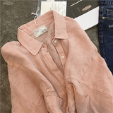 颜色美炸了 韩版慵懒风粉色大口袋宽松亚麻料长袖衬衫衬衣（2色）