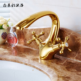 欧式金色黄铜水龙头浴室双把单孔仿古面盆台盆冷热龙头