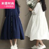 孕妇装韩版文艺复古棉麻长袖中长款连衣裙波西米亚长裙