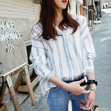 2016秋季新款韩版中长款宽松显瘦长袖条纹衬衫女大码V领时尚衬衣