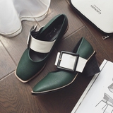 鞋子女秋季新款 欧美 复古时尚皮带搭扣方头粗跟高跟鞋单鞋绿色