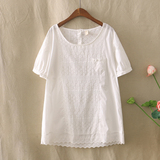 日系森女夏季新款圈圈刺绣宽松休闲棉麻上衣 中长款短袖纯白t恤女