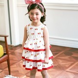 韩国童装韩版女夏季 红色樱桃印花白色3层蓬蓬蛋糕裙背心裙连衣裙