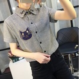 2016春装新款韩版少女竖条纹长袖刺绣衬衣初中高中学生修身衬衫女