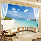 3d立体无缝墙壁纸客厅沙发电视背景墙影视墙大型壁画窗外沙滩海景
