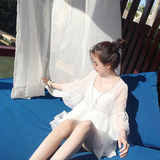 2016夏季韩版宽松白色v领雪纺衫喇叭袖中长款七分袖娃娃衫女上衣