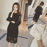 2016秋季新款韩版女装中长款修身显示时尚蕾丝长袖镂空打底连衣裙