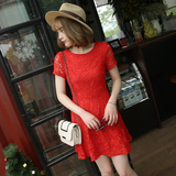 2016新款夏季装中长款蕾丝红色连衣裙 高圆圆明星同款a字裙子礼服