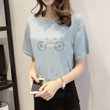夏季短袖t恤女韩版卡通自行车绣花学生半袖体恤上衣文艺风