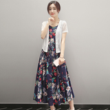 2016夏韩版棉麻连衣裙两件套大码显瘦女装亚麻无袖长裙沙滩套装裙