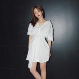 韩国 简约性感V领系带收腰中长款女士衬衫连衣裙 气质打底娃娃裙