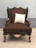 工厂实拍特价欧式新古典高背老虎椅实木雕花休闲条纹布艺单人沙发