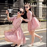 亲子装春秋款2016女童裙子母女装春装新款韩版修身长袖蕾丝连衣裙