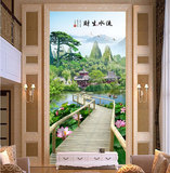 3d中式山水自然风景壁纸 餐厅过道背景墙纸 无缝竖版玄关走廊壁画