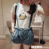 MOMO外贸 特价 2016新款夏装女 韩版牛仔棉背带裤 灯笼短裤