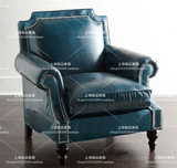 北欧宜家复古做旧蓝色PU皮单人沙发椅美式欧式样板房休闲椅靠背椅