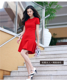 angelababy杨颖明星同款大红色连衣裙2016夏季 修身OL中长款裙子