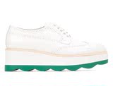 代购Prada/普拉达 16秋冬新款白色绿底牛皮松糕鞋镂空花边尖头女