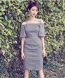 『NAIN』韩国代购直邮 高俊熙同款 一字露肩格子短袖连衣裙