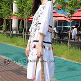 韩国拼彩色流苏民族刺绣中长款荷叶边鱼尾连衣裙中袖圆领黑白拼接