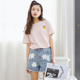 夏装韩国ulzzang时尚套装女学生短袖T恤高腰牛仔阔腿短裤两件套潮