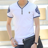 莫代尔夏短袖T恤男V领修身青年衣服韩版纯棉体恤印花简约学生潮流