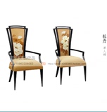 新古典欧式休闲布艺餐椅实木简欧带扶手椅子酒店洽谈椅高背形象椅
