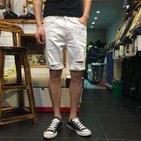 A1新款夏季浅色牛仔短裤男装白色修身破洞膝盖以上时尚流行潮流帅