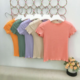 N41#夏季新款针织木耳边纯色短袖韩版可爱休闲T恤女学院风上衣女