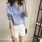 夏季韩版大码女装T恤蝙蝠袖衬衣V领短袖气质上衣宽松休闲条纹衬衫