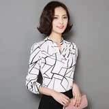 2016春季新品上衣韩版印花雪纺衫长袖V领职业装衬衣打底衫女