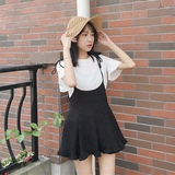 夏季韩国甜美学生纯色显腿喇叭袖T恤+荷叶边高腰短裙吊带连衣裙女