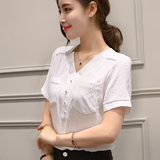 2016夏季新款韩版女装大码宽松休闲T恤上衣短袖V领纯色棉麻衬衫潮