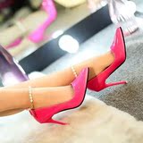 2016春夏新款韩版浅口细跟超高跟尖头女鞋10CM裸粉色串珠链条单鞋
