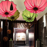 现代中式布艺伞形吊灯茶酒楼包间餐厅过道仿古典东南亚荷花红灯笼
