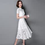 2016夏季新款韩版复古优雅修身短袖蕾丝连衣裙镂空气质显瘦长裙女