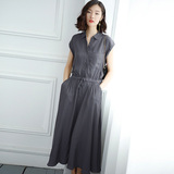 裙子夏季韩国宽松腰灰色铜氨丝连衣裙气质淑女长裙显瘦中长款女士