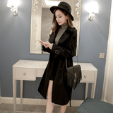2016春秋新款女装韩版修身显瘦中长款外套学生双排扣长袖黑色风衣
