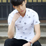 韩版男短袖衬衫修身时尚夏季学生印花衬衣潮流百搭薄款男装青少年