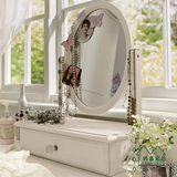 欧式化妆镜简约梳妆台镜子实木公主镜台式玻璃椭圆镜首饰盒白色