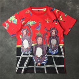 2016新款潮牌欧美童趣手绘三只猴子猴年情侣装纯棉男女装短袖t恤